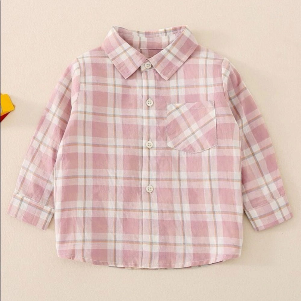 SHEIN Pink Toddler Boys Pocket Front Plaid Shirt Size: 18 Months